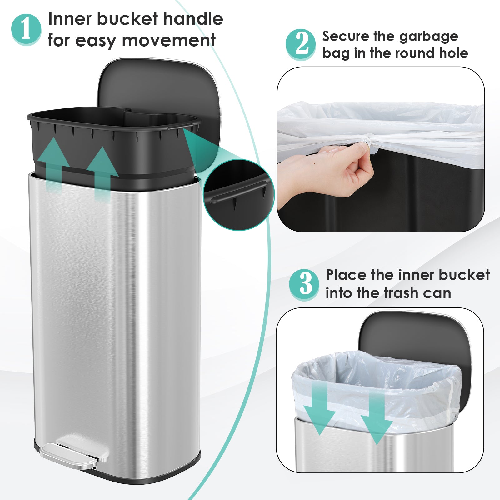 TLSUNNY 30L Step-On Oval Trash Can, 8 Gal Brushed Stainless Steel Garbage Bin with Slow-Close Lid & Handle for Kitchen/Bathroom