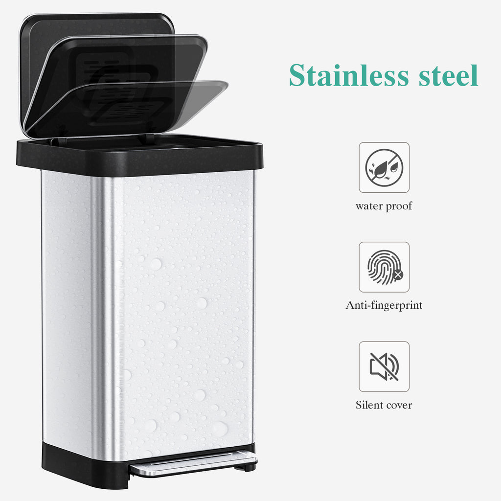 TLSUNNY 13.2 Gal Stainless Steel Trash Can, with 15 Trash Bags & Odor Control, Step-on Pedal Bin with Soft-Close Lid, No Inner Bucket, for Kitchen/Office