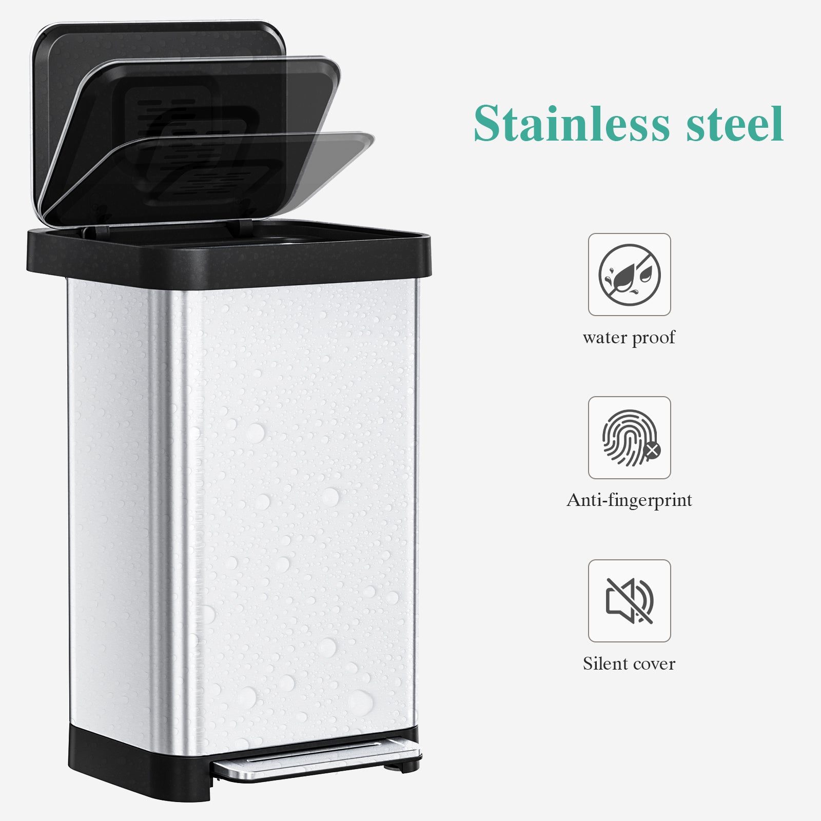 TLSUNNY 13.2 Gal Stainless Steel Trash Can, with 15 Trash Bags & Odor Control, Step-on Pedal Bin with Soft-Close Lid, No Inner Bucket, for Kitchen/Office