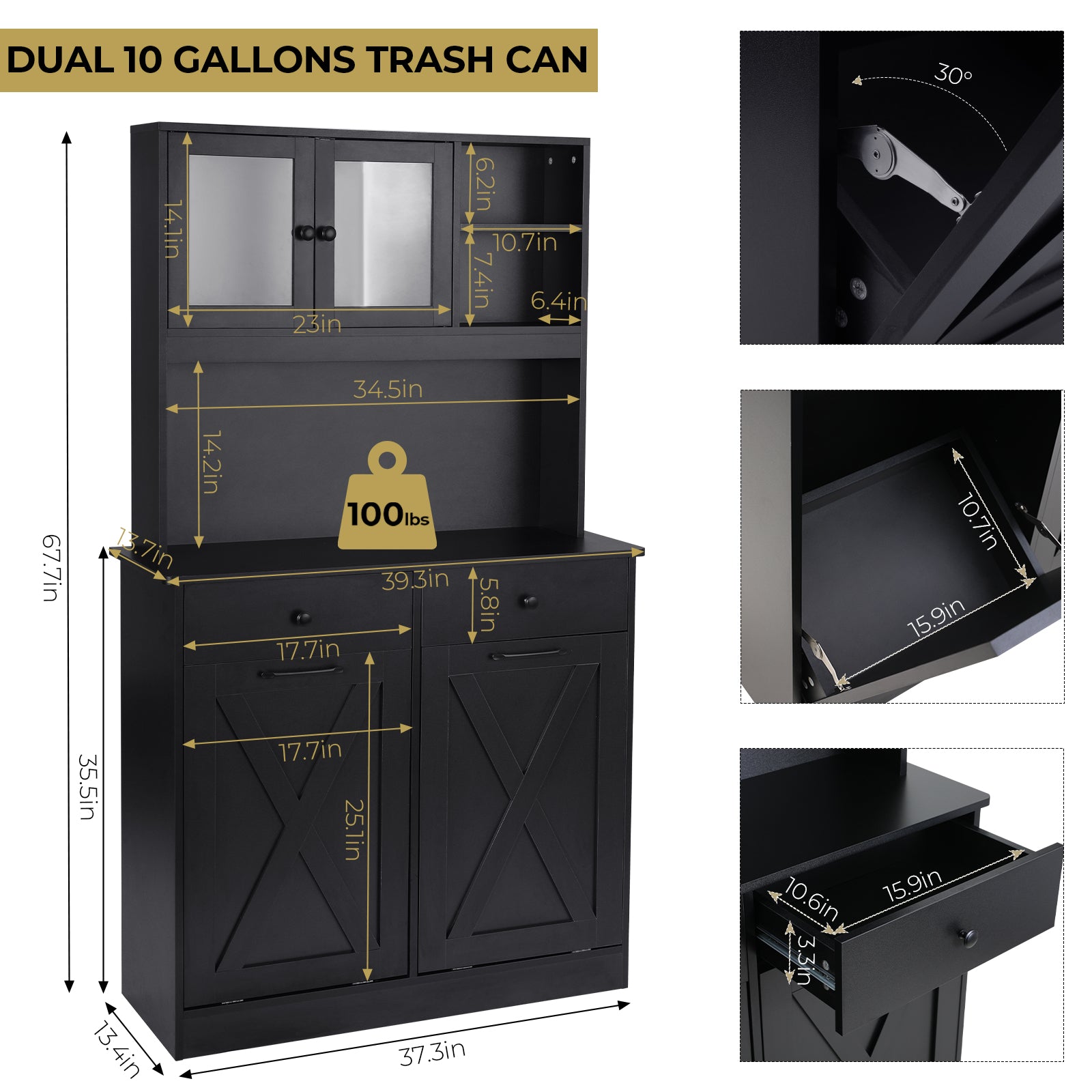 TLSUNNY Double Tilt-Out Trash Cabinet, Freestanding Hidden Garbage Storage w/ Drawers & Shelves for Kitchen/Laundry Room