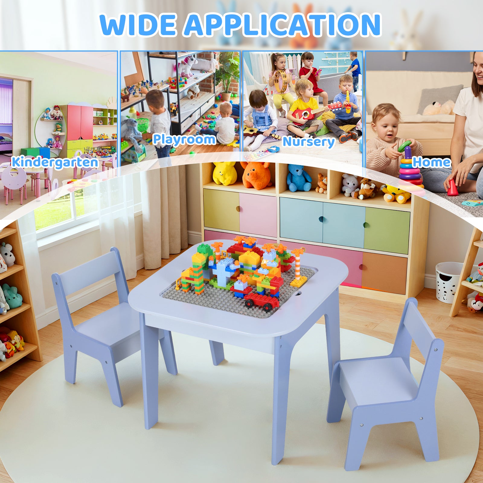 TLSUNNY Kids Table and 2 Chairs Set with Storage, Toddler Activity Table Set, Blackboard, Whiteboard & Building Blocks Tabletop, for Kids Ages 3+
