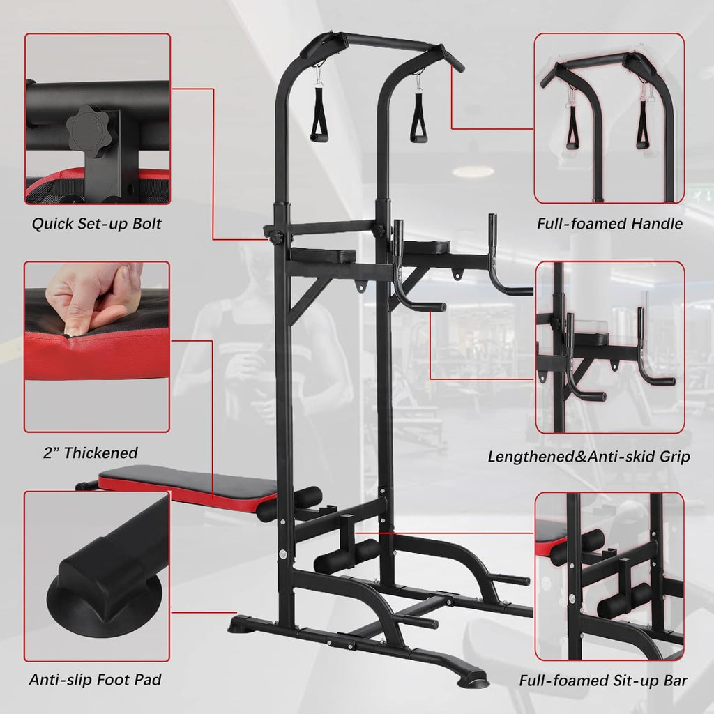 TLSUNNY Power Tower with Bench, Pull Up Bar Stand, w/ Dual Resistance Bands, Adjustable Pull Up Dip Station for Home Gym Workouts, 400lbs
