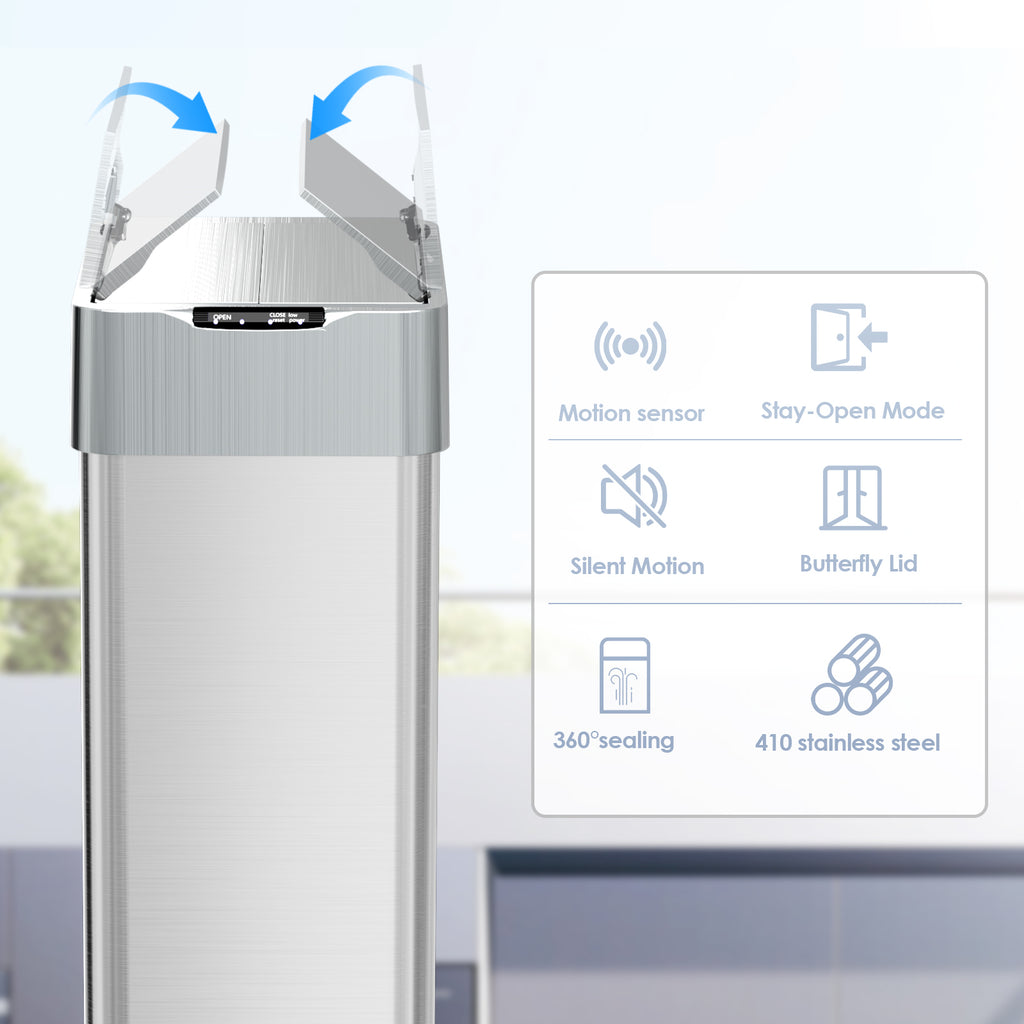 TLSUNNY 13.2/16/18.5/21.1 Gal Automatic Stainless Steel Trash Can, Motion Sensor Kitchen Garbage Can with Soft-Close, Wings-Open Touchless Trash Can for Living, Dining Room