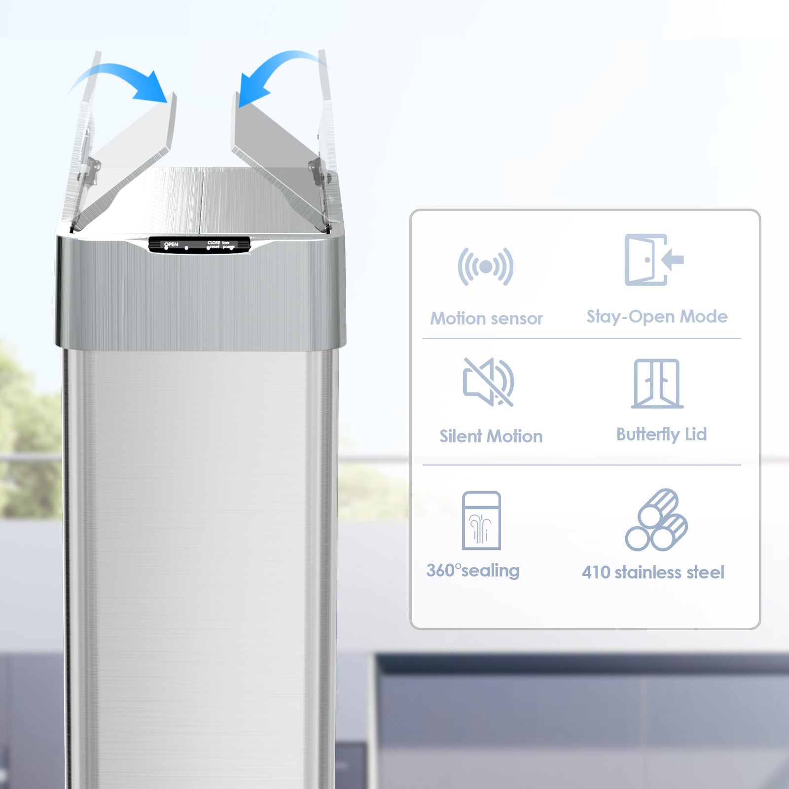 TLSUNNY 13.2/16/18.5/21.1 Gal Automatic Stainless Steel Trash Can, Motion Sensor Kitchen Garbage Can with Soft-Close, Wings-Open Touchless Trash Can for Living, Dining Room