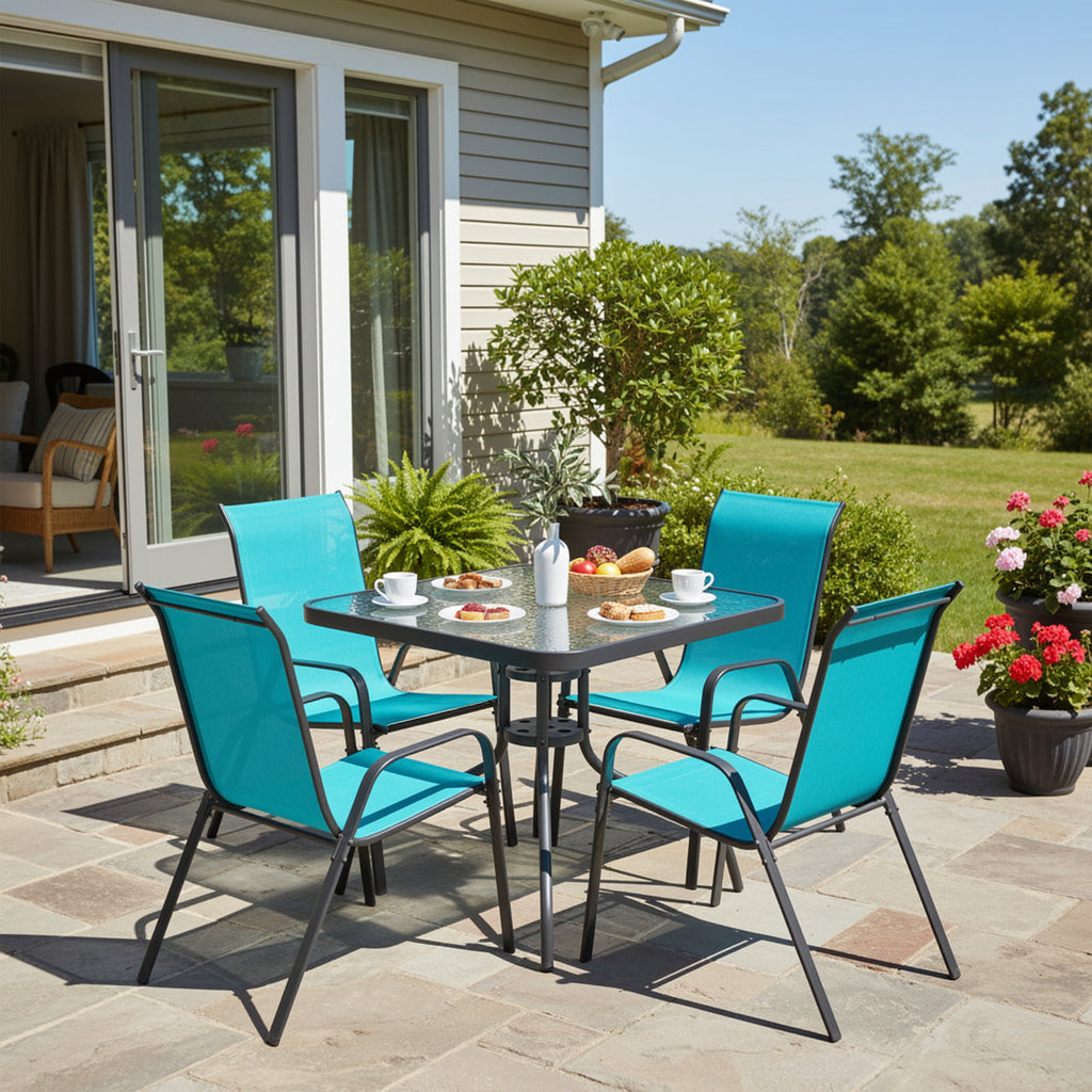 TLSUNNY Outdoor Dining Set of 5, Square Glass Top Table with Umbrella Hole and 4 Stackable Textilene Chairs, for Patio, Backyard, Porch, Lawn Use