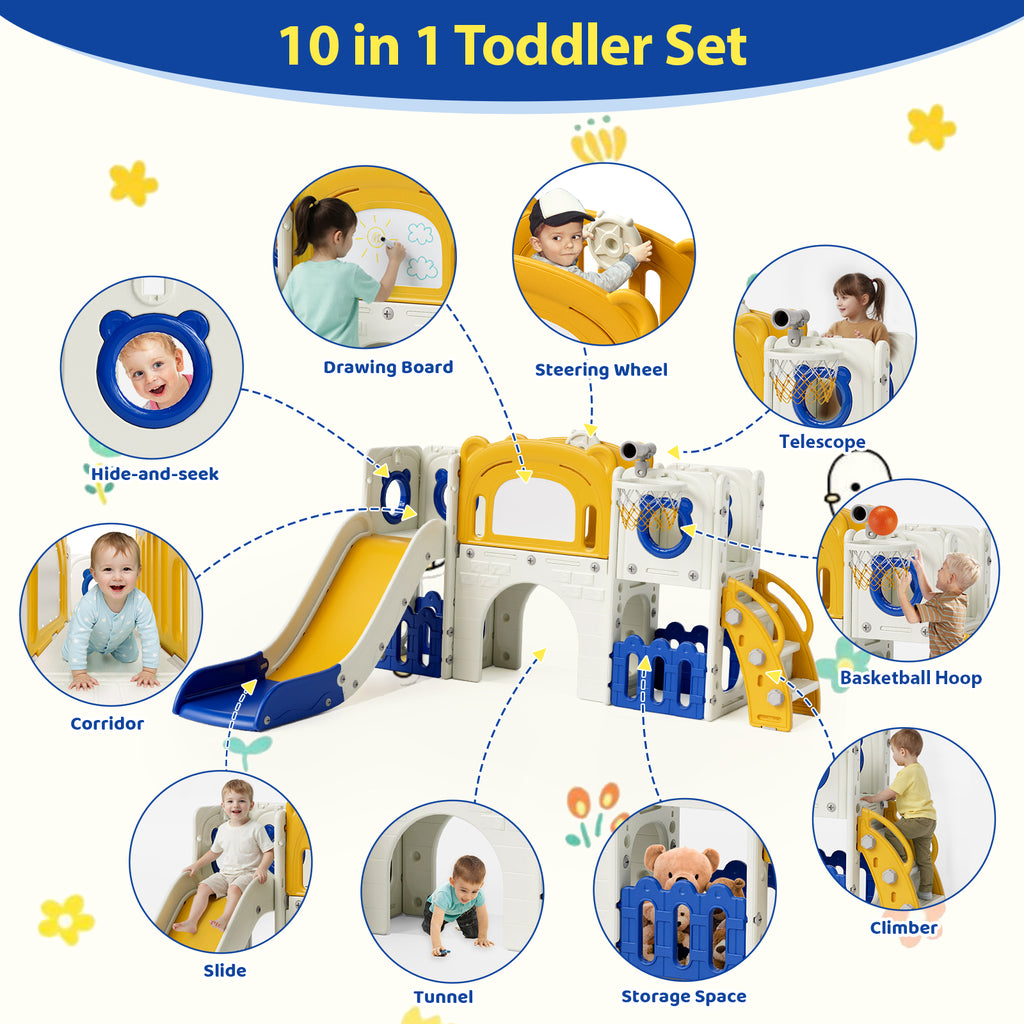 TLSUNNY 10-in-1 Kids Slide & Climber Set, with Basketball Hoop, Telescope, Drawing Board, Tunnel, Indoor Outdoor Toddler Playset
