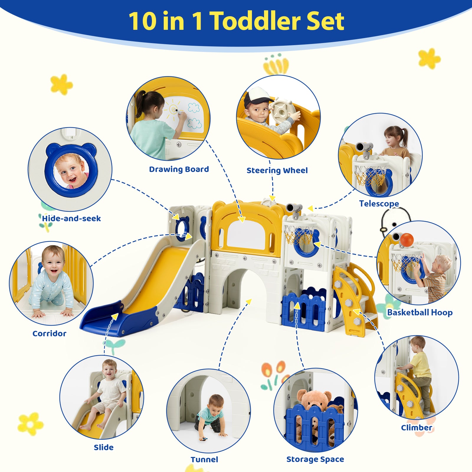 TLSUNNY 10-in-1 Kids Slide & Climber Set, with Basketball Hoop, Telescope, Drawing Board, Tunnel, Indoor Outdoor Toddler Playset