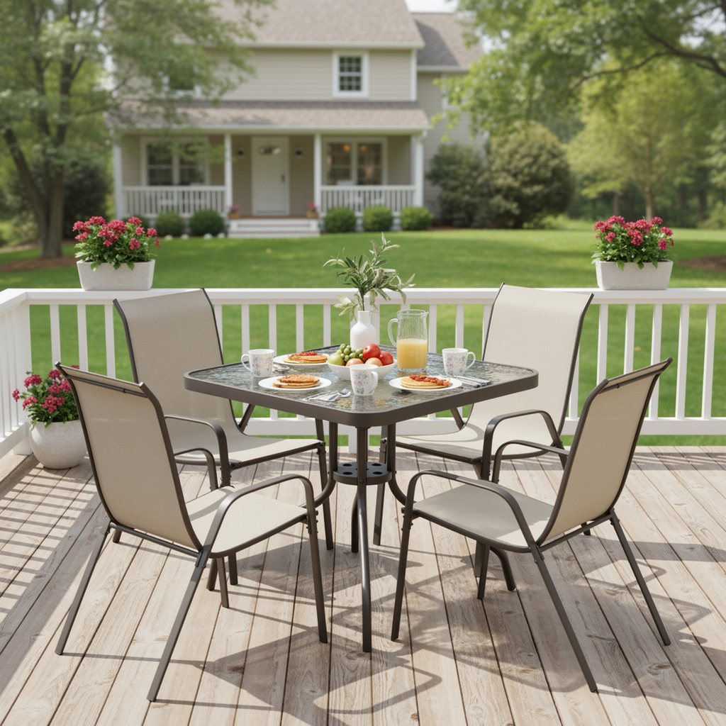 TLSUNNY Outdoor Dining Set of 5, Square Glass Top Table with Umbrella Hole and 4 Stackable Textilene Chairs, for Patio, Backyard, Porch, Lawn Use