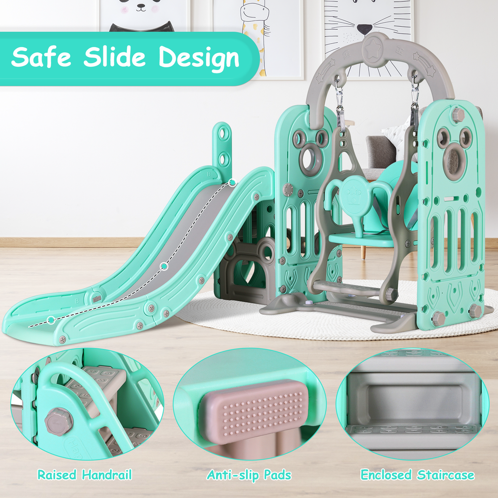 TLSUNNY 5-in-1 Kids Slide and Swing Set, Toddlers Slide & Climber with Basketball Hoop and Storage, for Indoor, Outdoor, Playground,Backyard