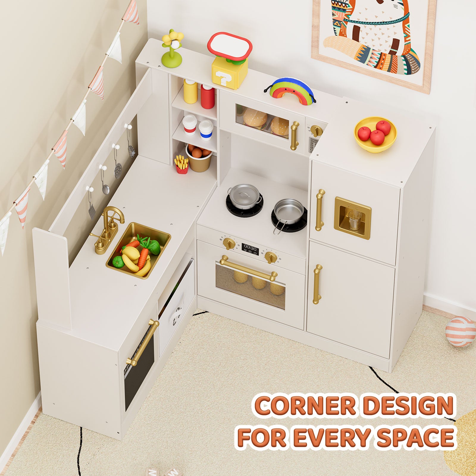 TLSUNNY Corner Play Kitchen with Lights & Sounds, Sink, Fridge, Microwave & Storage, Wooden Toddler Toy for Ages 3+