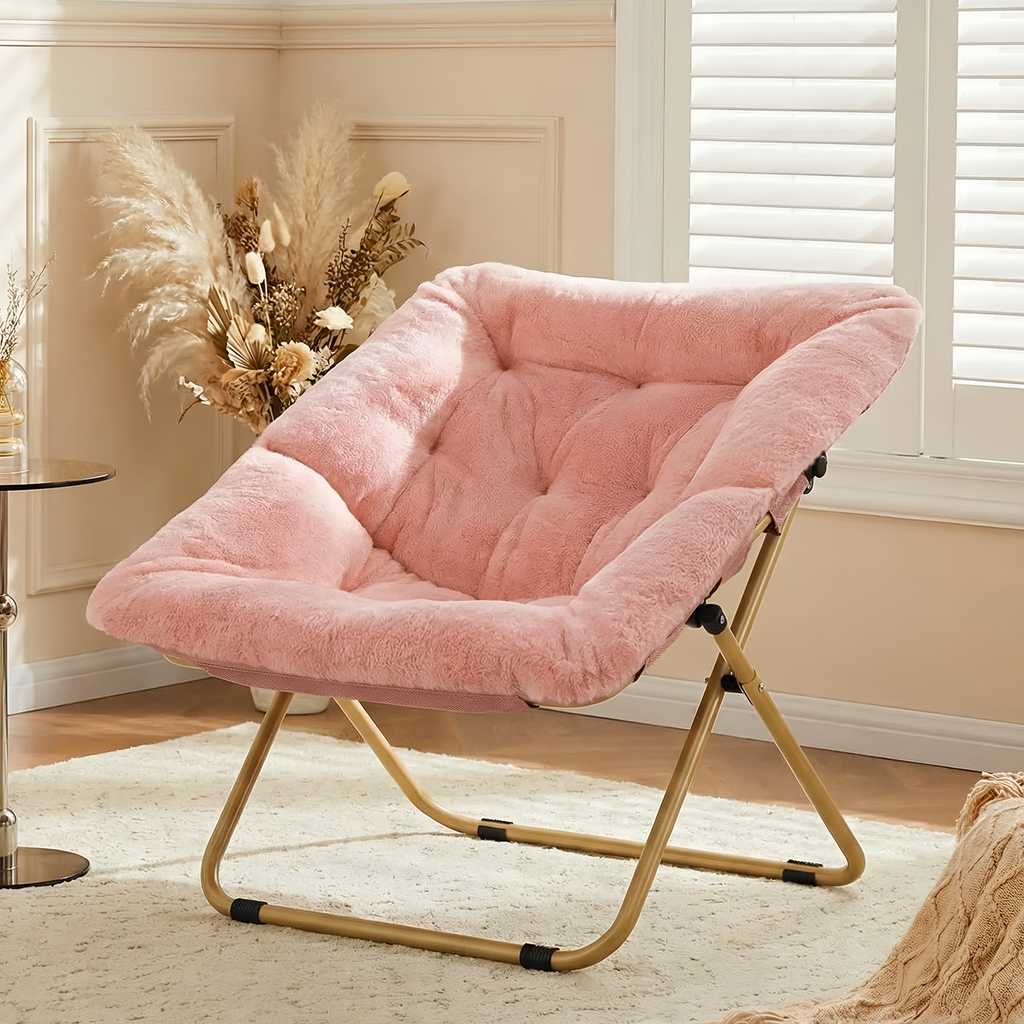 TLSUNNY Foldable Lazy Chair/Foldable Saucer Chair with Ottoman, Comfy Saucer Chair, Soft Faux Fur Reading Lounge Chair, for Living Room, Bedroom, Dorms, Teens Adults