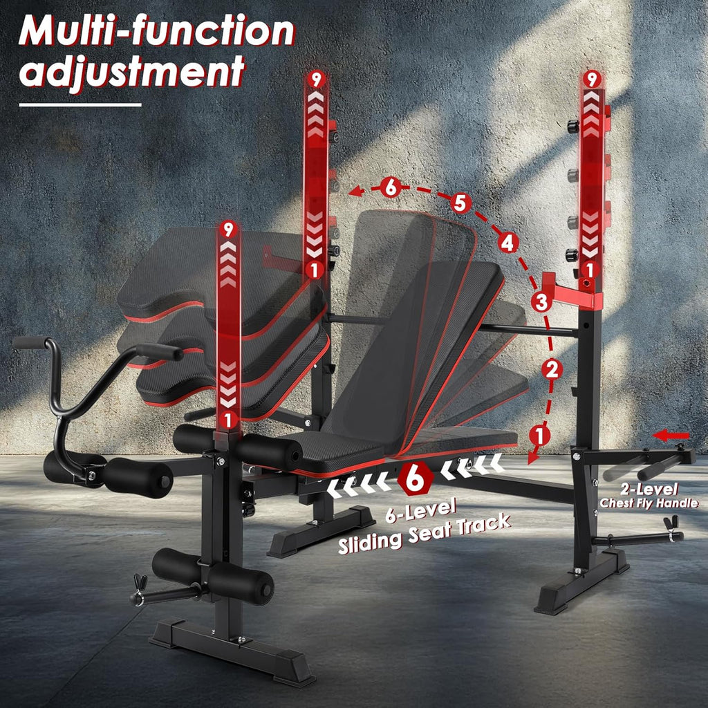TLSUNNY 900LBS Adjustable Weight Bench Set, w/ Barbell Rack, Leg Extension & Preacher Curl, Strength Training Equipment, for Home Gym Workouts