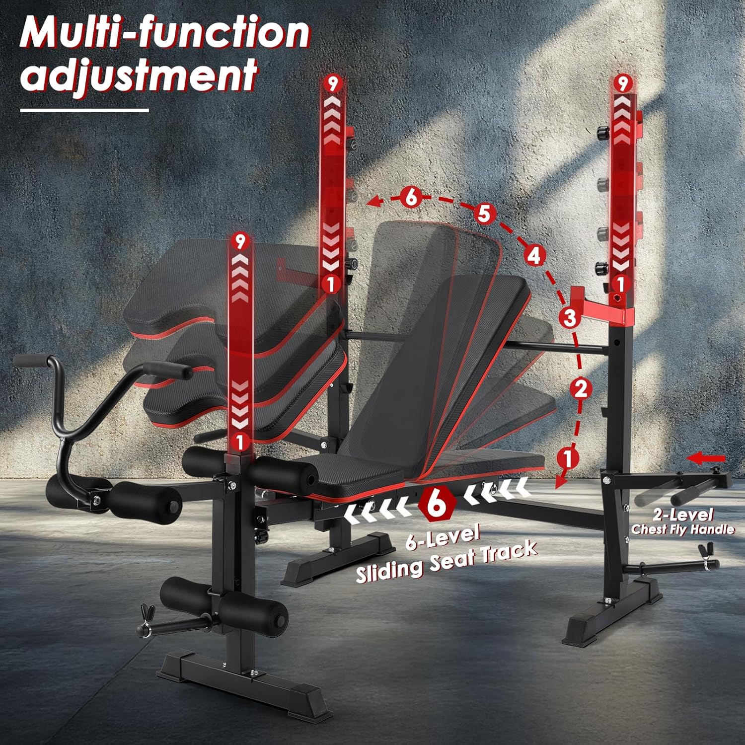TLSUNNY 900LBS Adjustable Weight Bench Set, w/ Barbell Rack, Leg Extension & Preacher Curl, Strength Training Equipment, for Home Gym Workouts