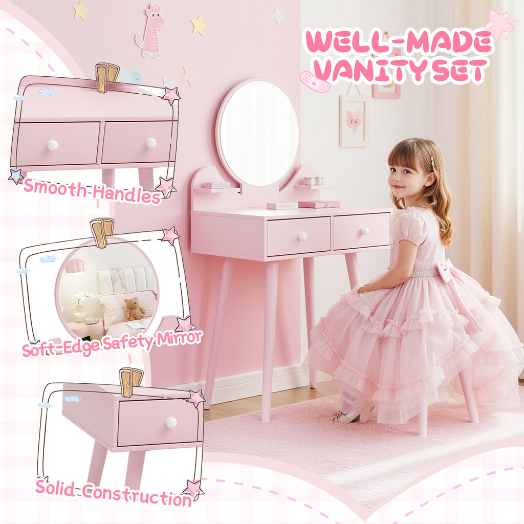 TLSUNNY Kids Princess Vanity Set, Toddlers Wooden Makeup Table & Stool with Drawer, Mirror, Detachable Top, for Little Girls