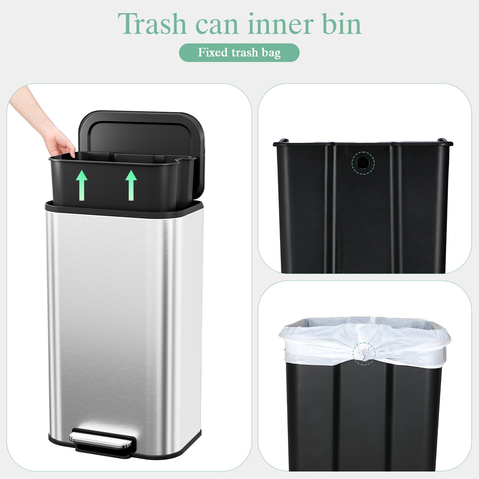 TLSUNNY 30/50L Square Step-On Trash Can, 8/13.2 Gal Fingerprint-Proof Stainless Steel Garbage Bin for Kitchen/Office