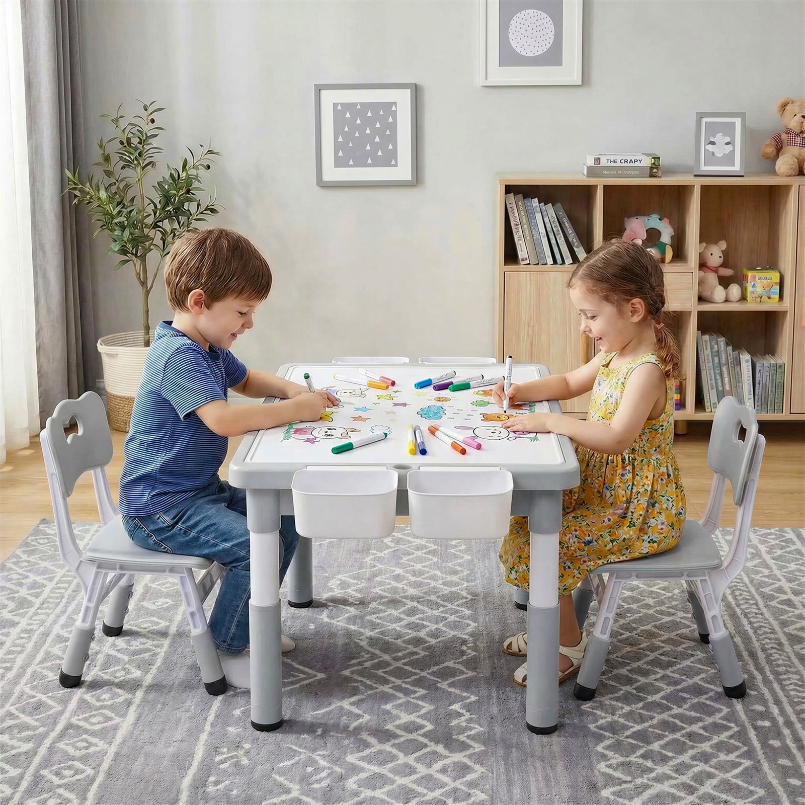 TLSUNNY Toddler Table and 2 Chairs Set, W/ Large Storage & Double-Sided Graffiti/Block Building Table Top, 4 Drawers, Height Adjustable