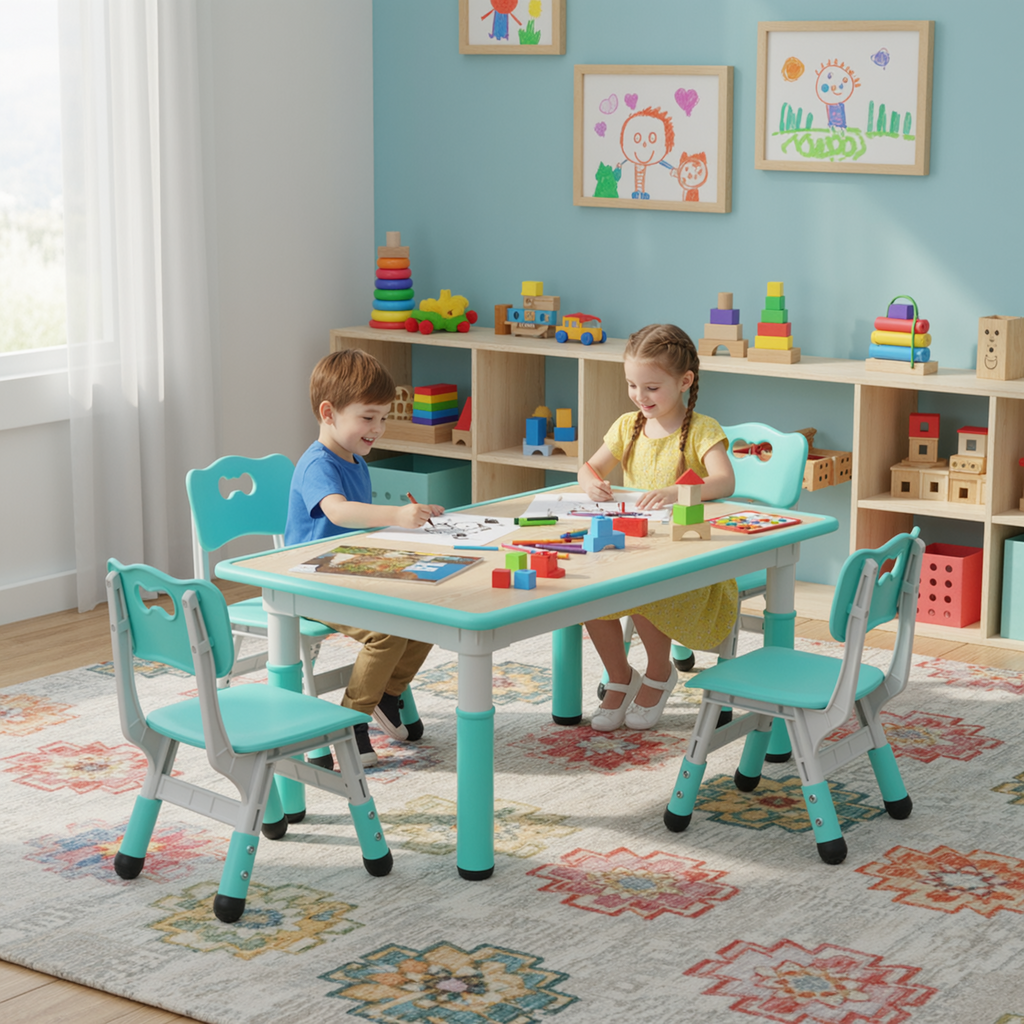 TLSUNNY Kids Table and 4 Chairs, Adjustable Height Childrens Activity Set with Graffiti Desktop & Anti-Slip Legs, for Daycare Classroom Home