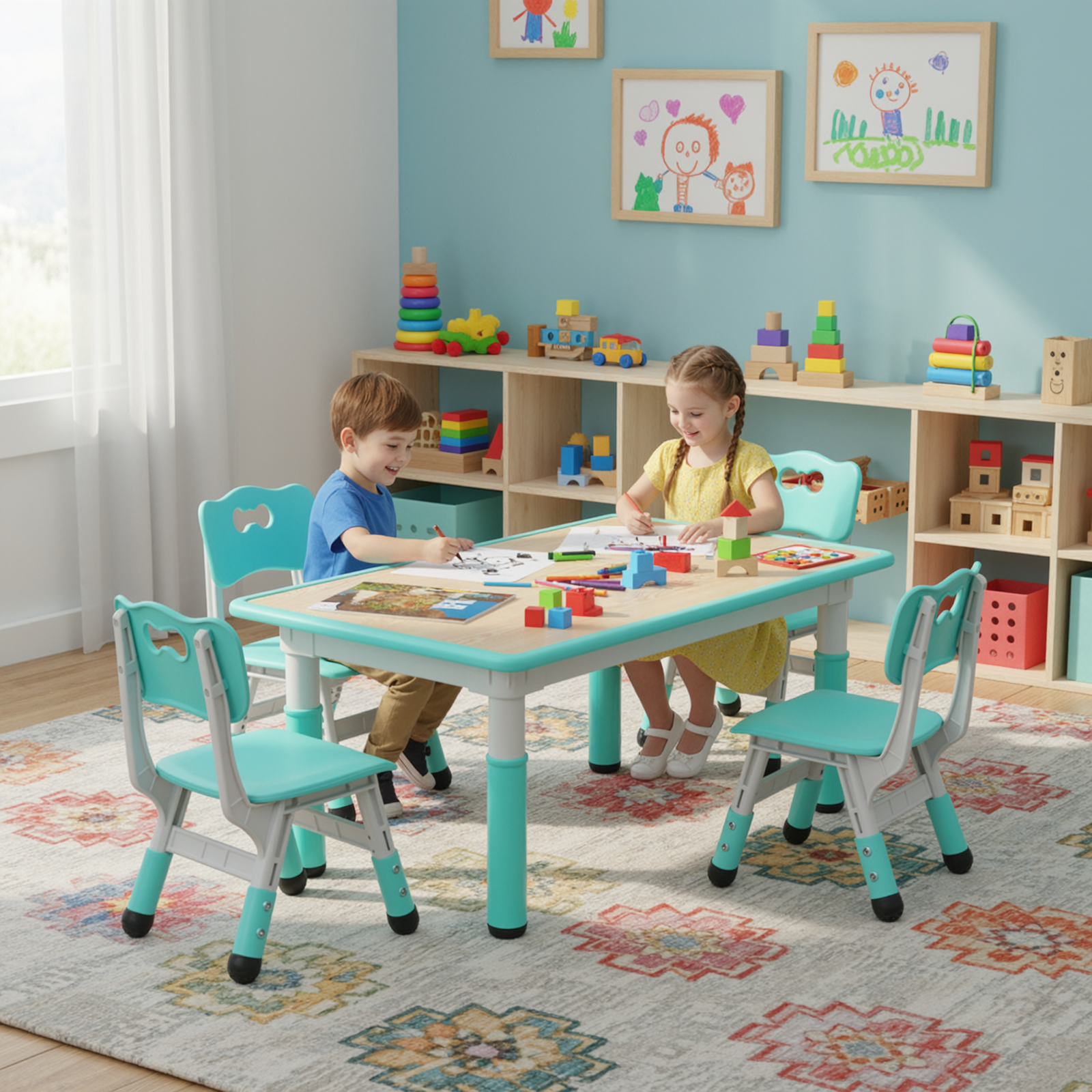 TLSUNNY Kids Table and 4 Chairs, Adjustable Height Childrens Activity Set with Graffiti Desktop & Anti-Slip Legs, for Daycare Classroom Home