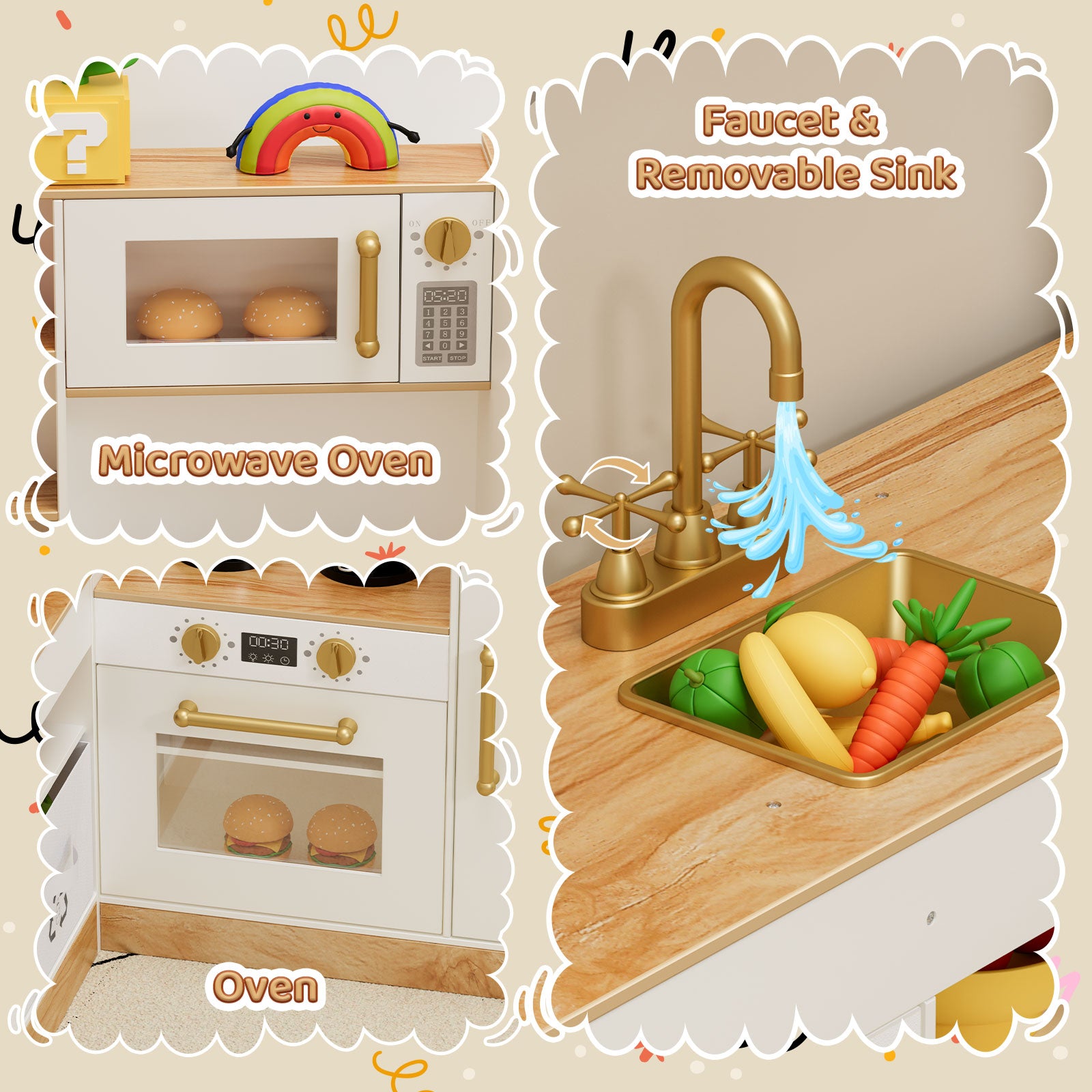 TLSUNNY Corner Play Kitchen with Lights & Sounds, Sink, Fridge, Microwave & Storage, Wooden Toddler Toy for Ages 3+