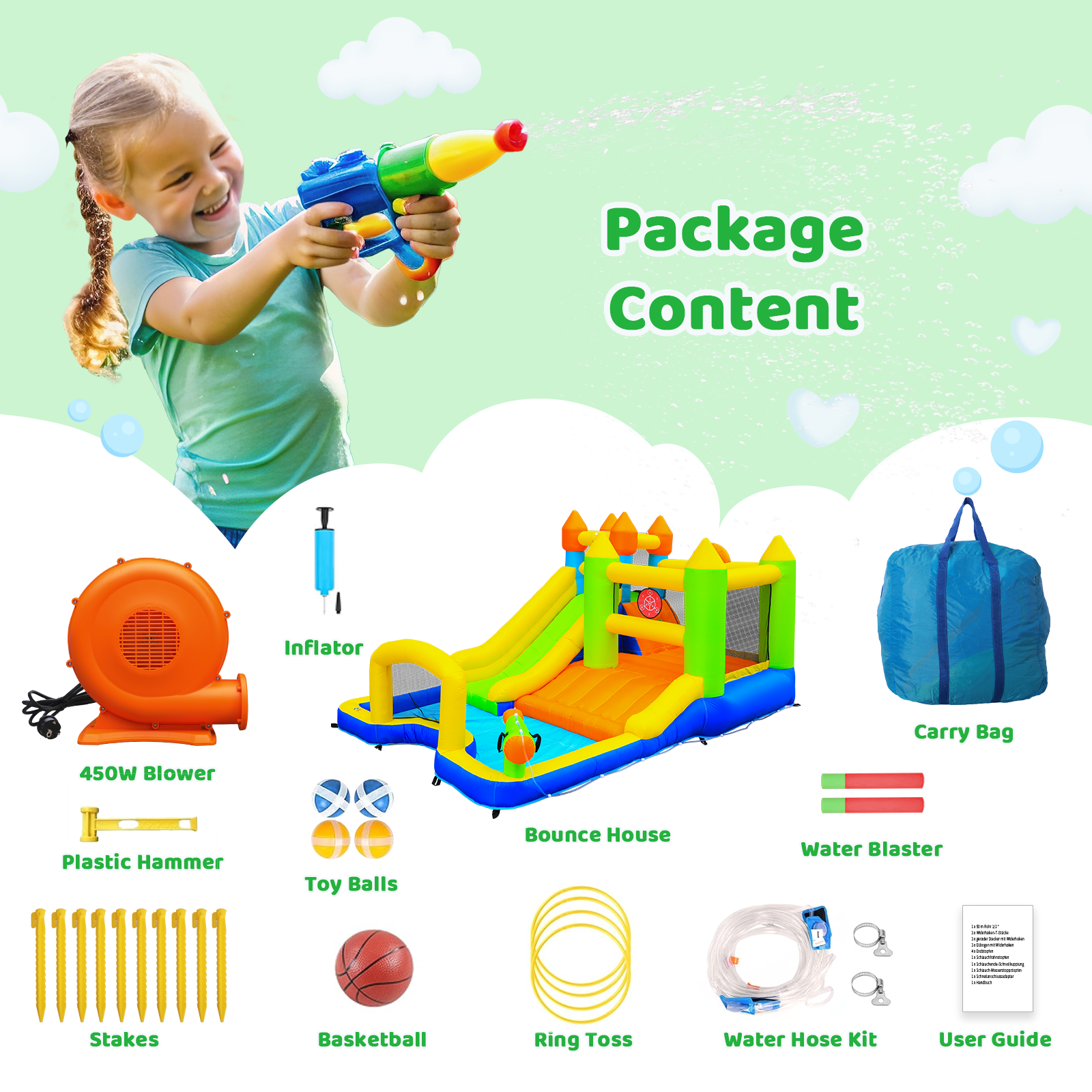 TLSUNNY Bounce House with Slide, 9 in 1 Inflatable Water Slides for Kids Backyard, w/Climbing Wall, Splash Pool, Soccer Goal, Water Cannon, Bouncy Castle w/Air Blower