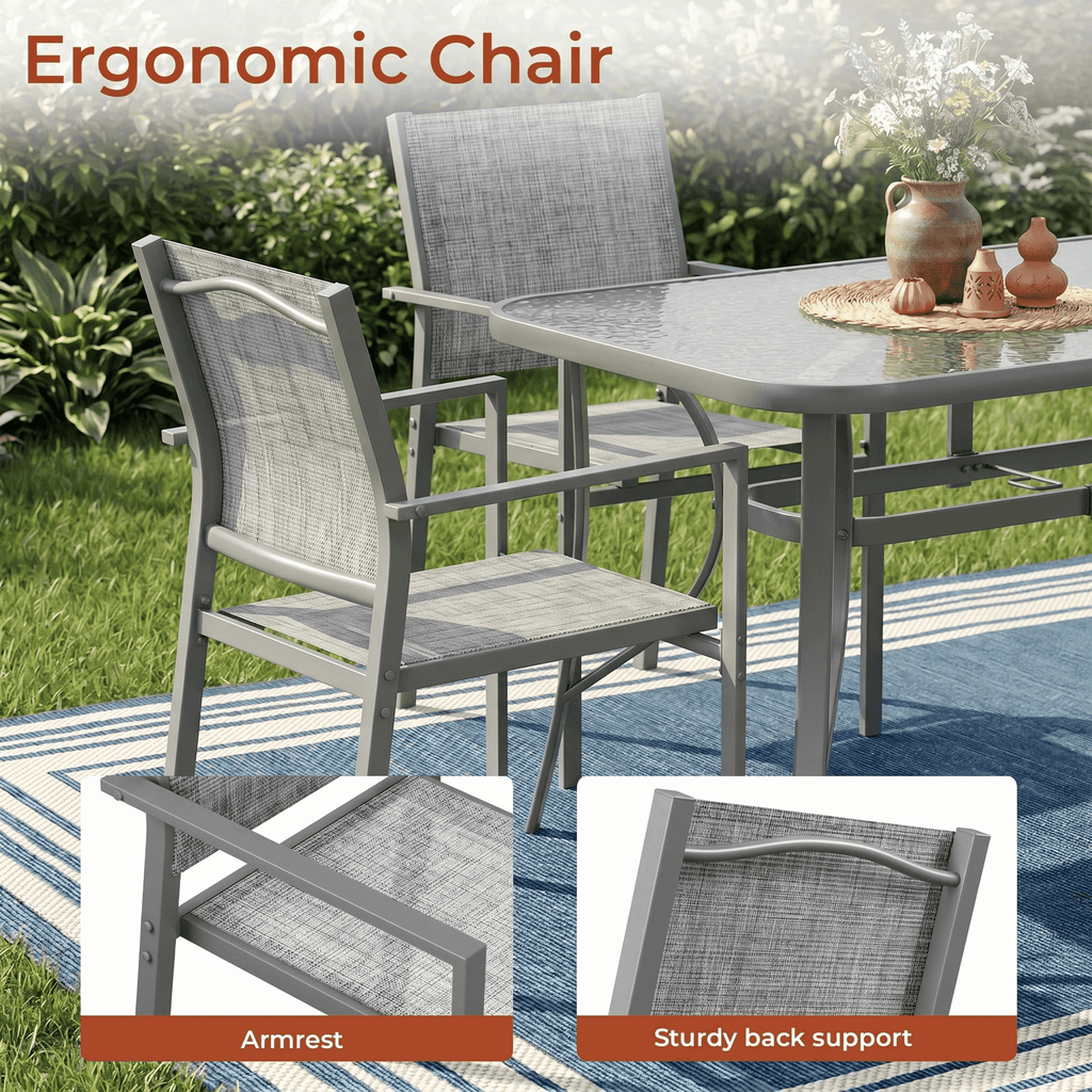 TLSUNNY Outdoor Table and Chairs Set for 4, Rectangular Glass Table W/ Umbrella Hole & 4 Textilene Stackable Chairs, Patio Dining Set for Garden, Backyard, Small Space