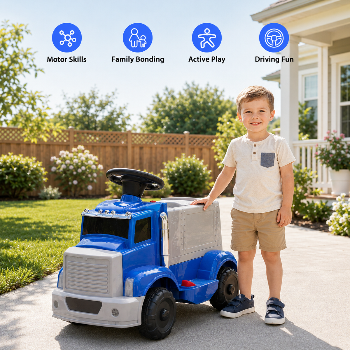 TLSUNNY 6V Kids Ride On Truck, Battery Powered Vehicle with Lights, Music Player, Cargo Storage, Horn, Pedal Drive for Toddlers, Blue
