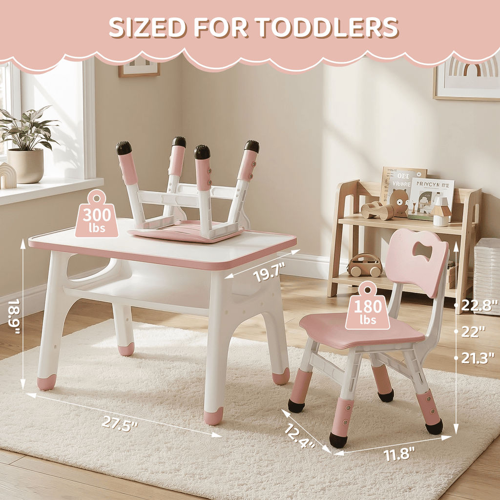 TLSUNNY Kids Table and 2 Chairs Set, Toddler Activity Table with Large Storage, Graffiti Desktop, Adjustable Height Chair with Anti-Slip Foot Covers, for Reading, Drawing, Snack Time