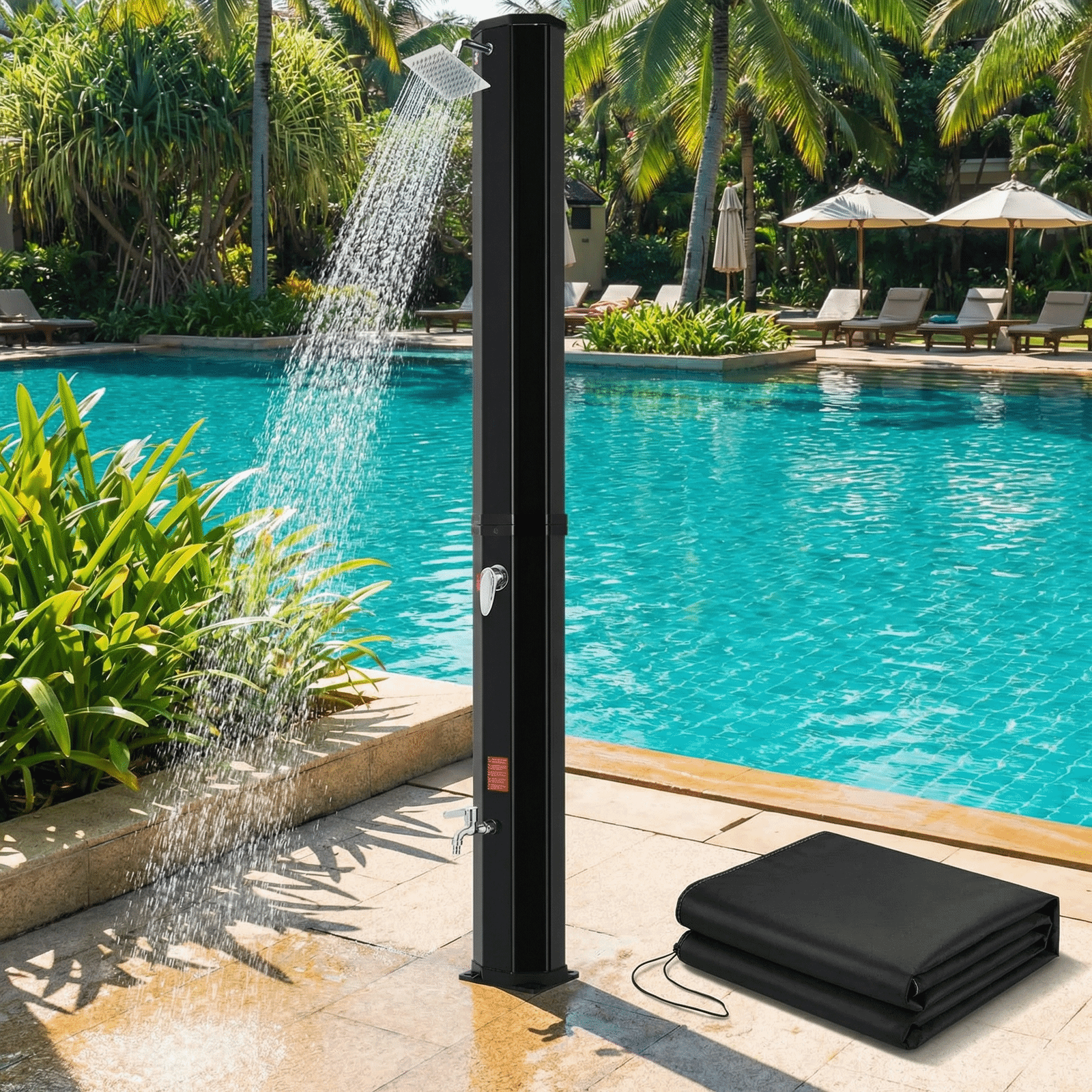 TLSUNNY 10.6/16 Gal Solar Heated Shower, Water Temperature Adjustable, W/ 360° Rotating Shower Head, Faucet, Protective Cover, 7.5FT Freestanding Outdoor Shower for Pool, Garden, Beach, SPA, Backyard