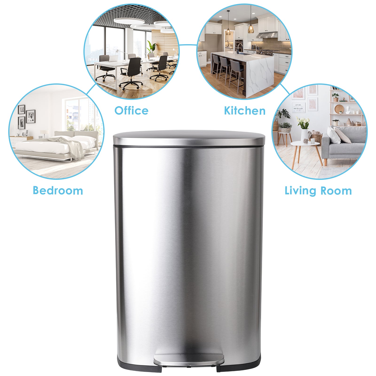 TLSUNNY 8/13.2 Gallon Step Trash Can, Stainless Steel Garbage Bin, Soft-Close Rubbish Bin with Removable Plastic Inner Bucket, Fingerprint-Proof, Lid Dustbin, Suit for Kitchen Home