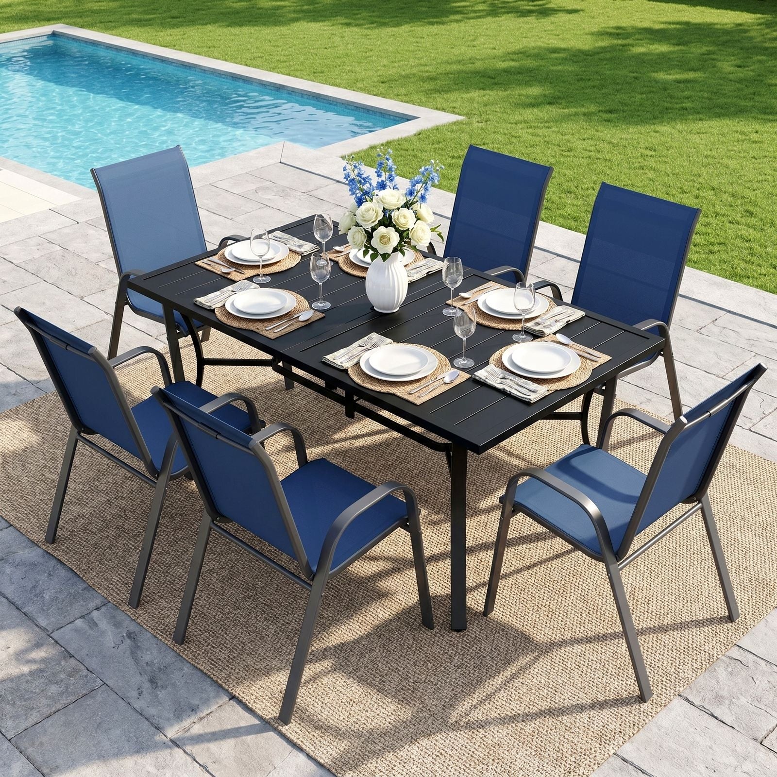 TLSUNNY Outdoor Dining Set, Patio Metal Table and 6 Chairs Set, W/ Umbrella Hole, Stackable Chairs, Outdoor Furniture for Backyard, Porch, Garden