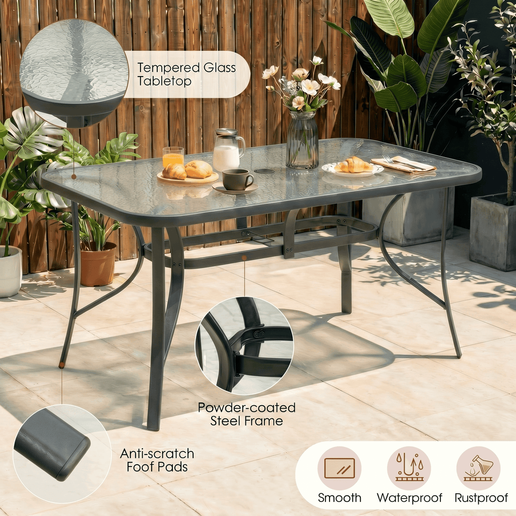 TLSUNNY Outdoor Table and Chairs Set for 4, Rectangular Glass Table W/ Umbrella Hole & 4 Textilene Stackable Chairs, Patio Dining Set for Garden, Backyard, Small Space