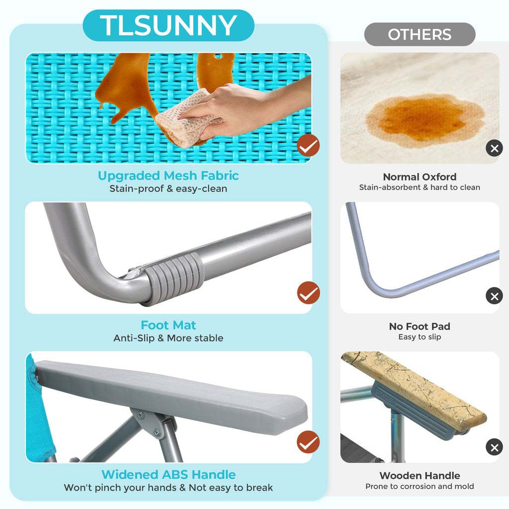 TLSUNNY Backpack Beach Chair Set of 1/2, Outdoor 5-Level Adjustable Folding Chair, w/ Cup Holder, Headrest, Storage Bag, Cooler Pouch, for Camping
