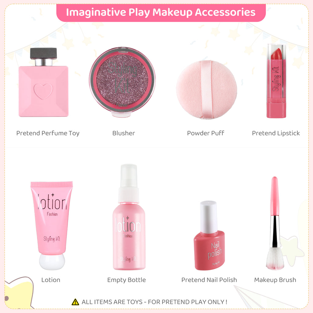 TLSUNNY Kids Princess Vanity Set, Make Up Table and Stool Play Set for Girls, Toddler Wooden Makeup Toys with 8 Pcs Accessories for Pretend Play