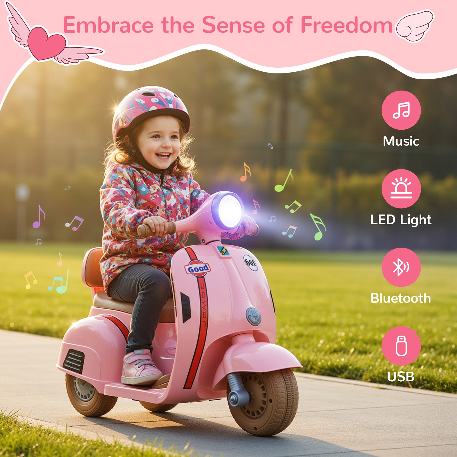 TLSUNNY Kids 6V Ride-On Motorcycle, with LED Headlight & Music, Battery Powered Toddler Motorcycle, for Toddlers Ages 3+