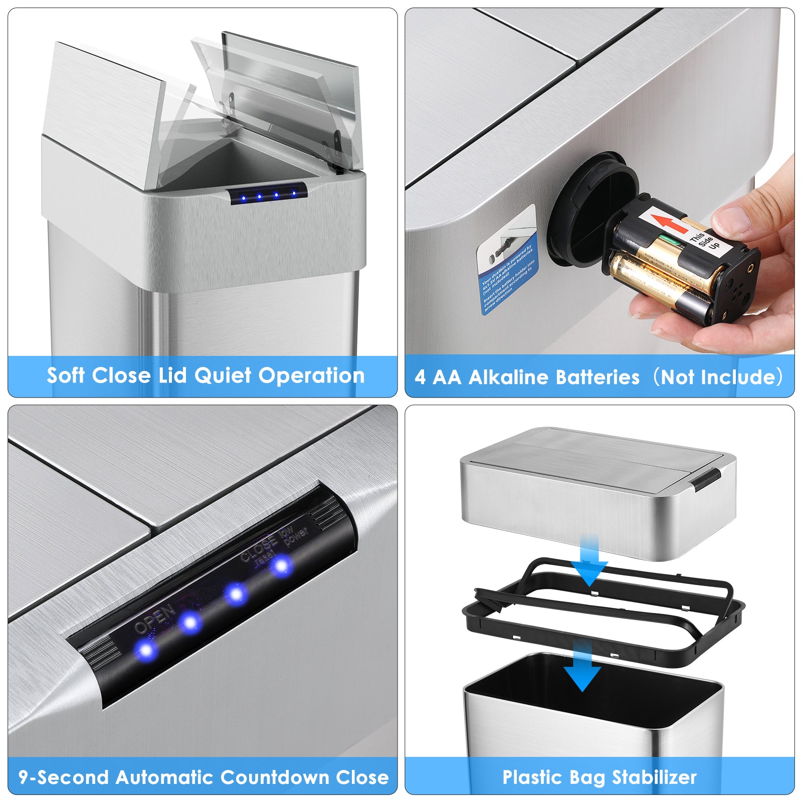 TLSUNNY 13.2/16/18.5/21.1 Gal Automatic Stainless Steel Trash Can, Motion Sensor Kitchen Garbage Can with Soft-Close, Wings-Open Touchless Trash Can for Living, Dining Room