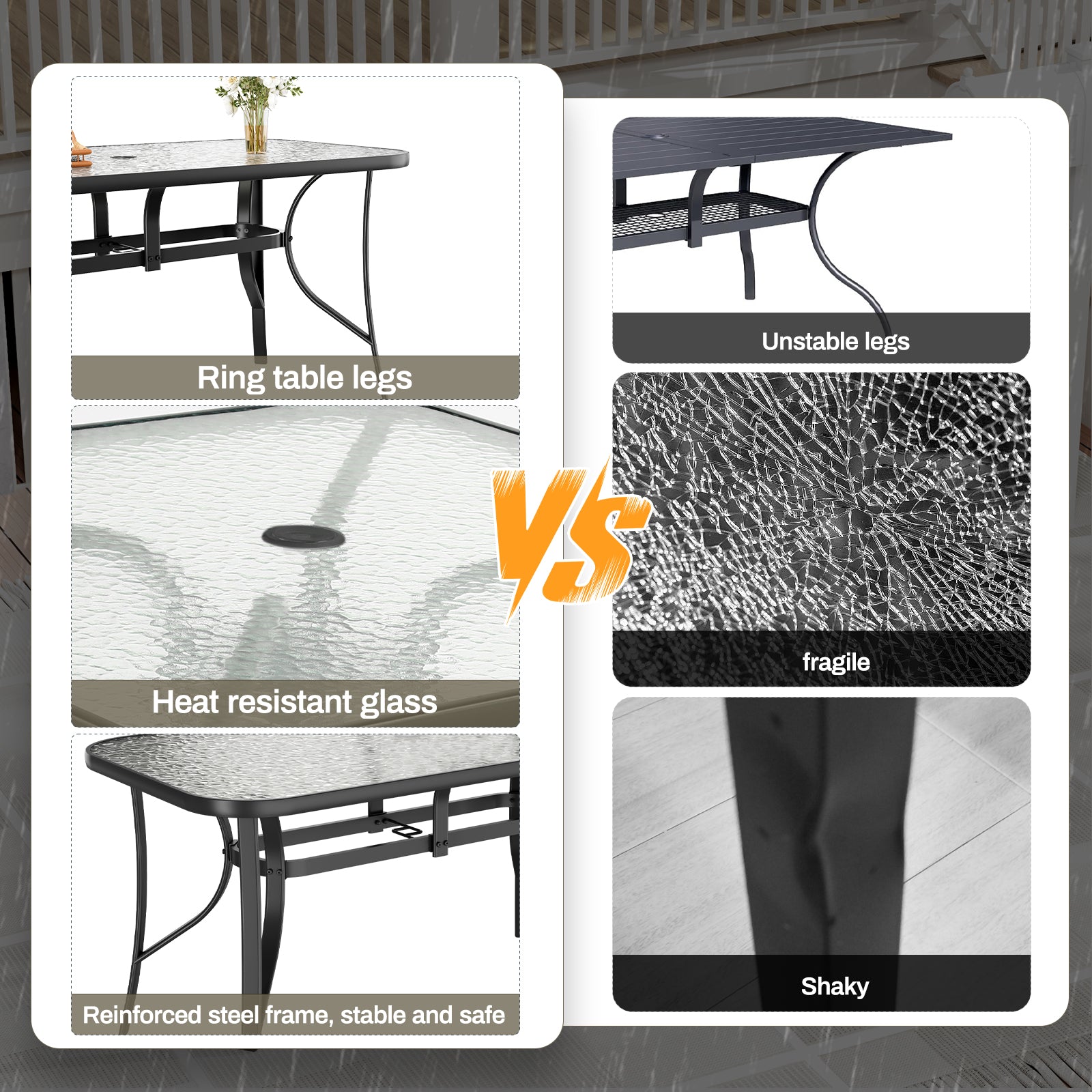 TLSUNNY Outdoor Dining Table with Umbrella Hole, Rectangular Glass Patio Table, Outdoor Metal Furniture for Outside, Garden, Balcony, Black