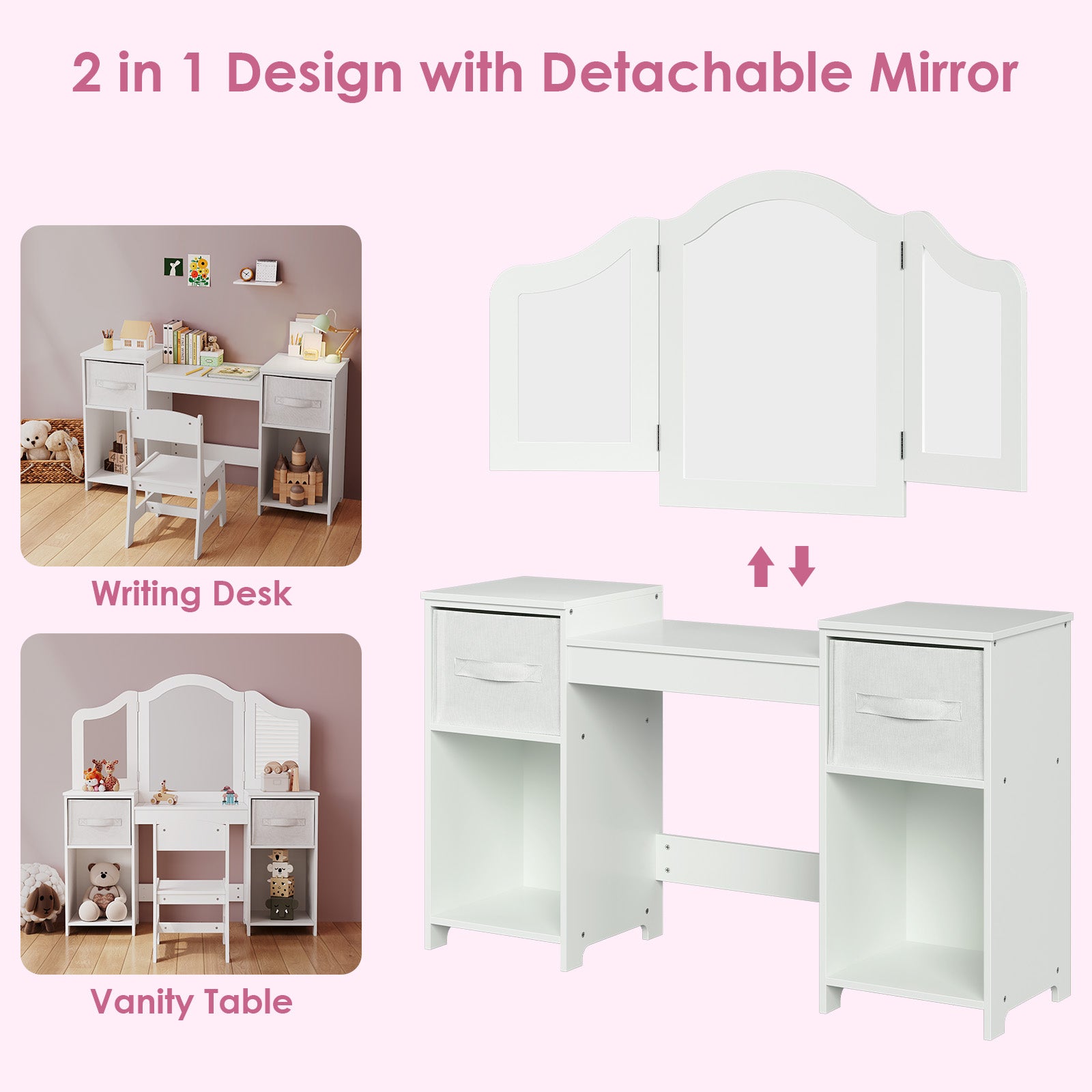 TLSUNNY Kids Vanity Set, Toddler Princess Makeup Desk & Stool Set w/ Tri-Fold Mirror Storage Drawers, for Girls