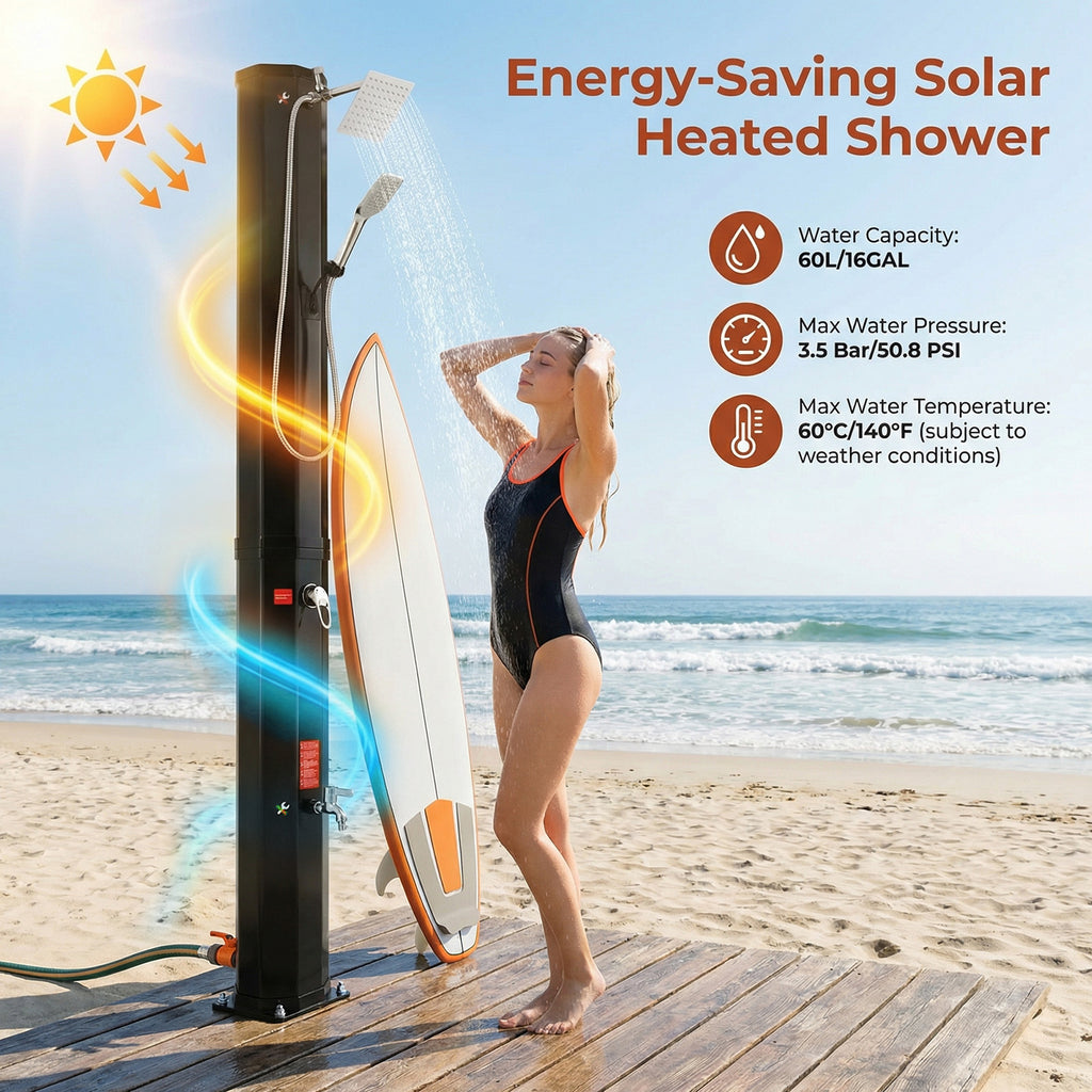 TLSUNNY 7.1FT 9.3 Gallon Solar Heated Shower with Shower Head, Handhold & Foot Tap for Poolside Backyard Beach Spa