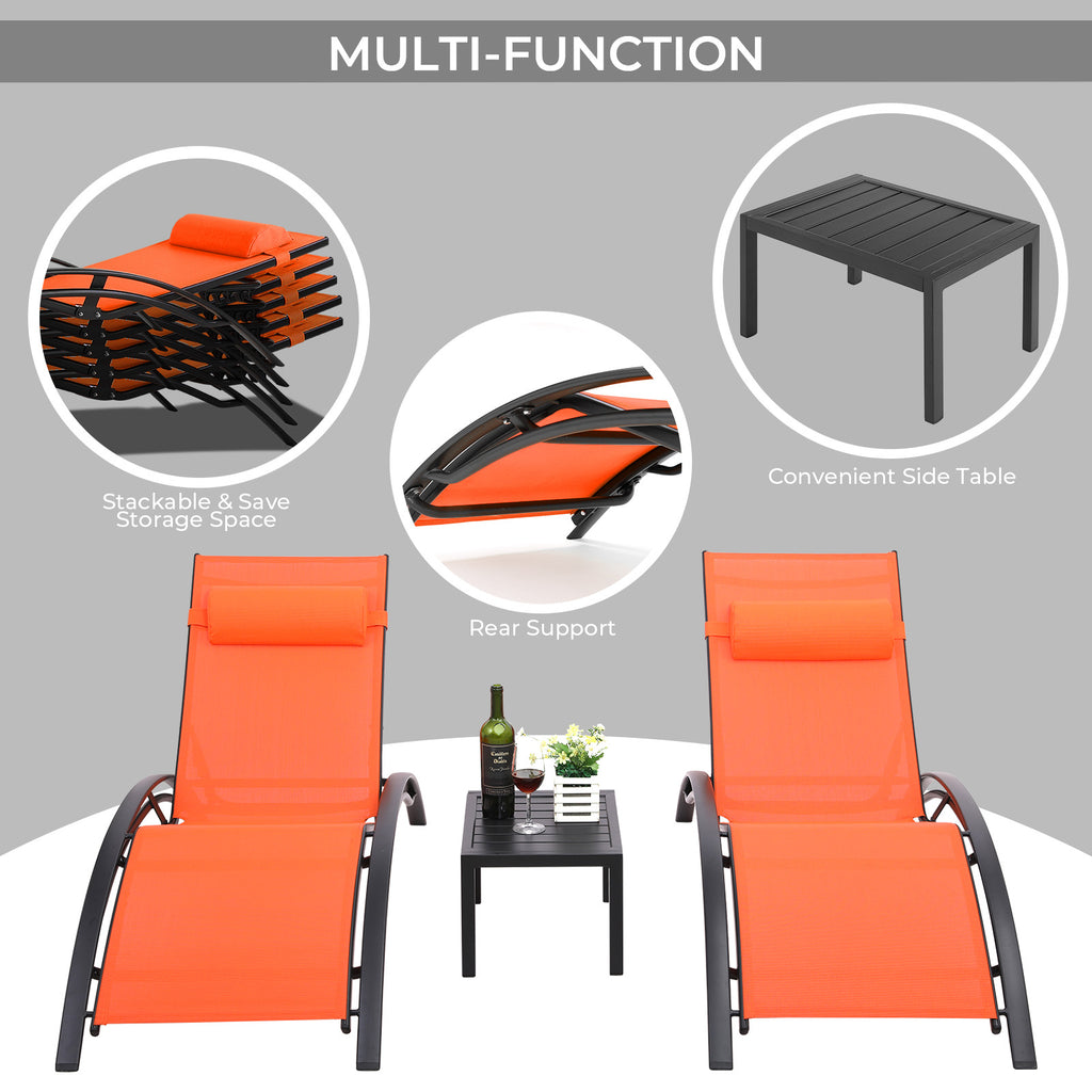 TLSUNNY Outdoor Lounge Set of 3, Aluminum Frame 2 Recliner Chairs & 1 Side Table with Adjustable Backrest and Removable Headrest, for Backyard, Pool, Patio Tanning