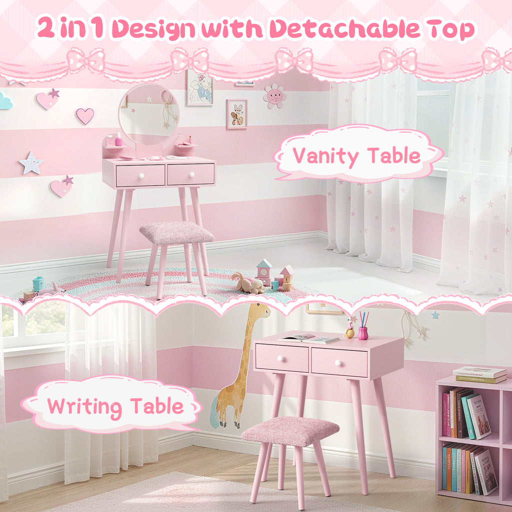 TLSUNNY Kids Princess Vanity Set, Toddlers Wooden Makeup Table & Stool with Drawer, Mirror, Detachable Top, for Little Girls