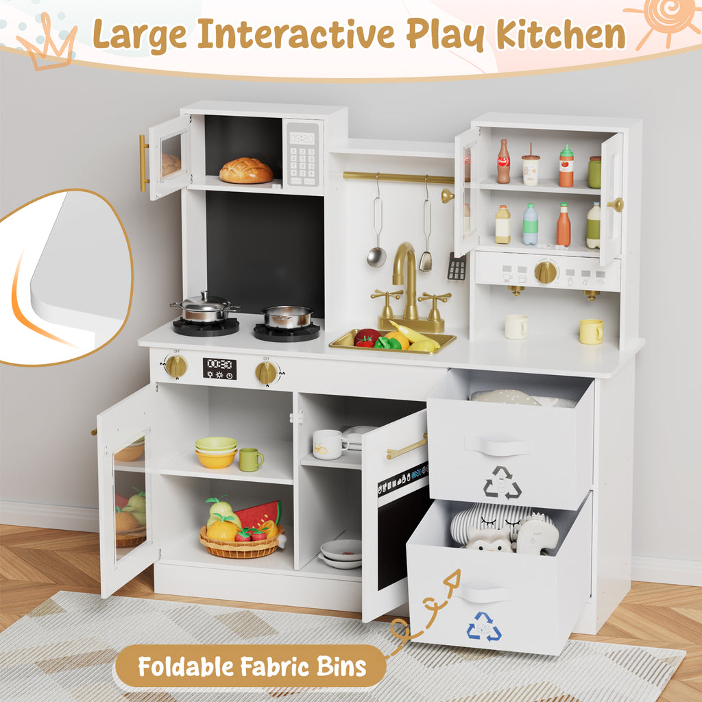 TLSUNNY Kids Play Kitchen, Wooden Pretend Cooking Play Toy Set with Cookware Accessories, Sink, Microwave and Realistic Light & Sounds, Gifts for Age 3+