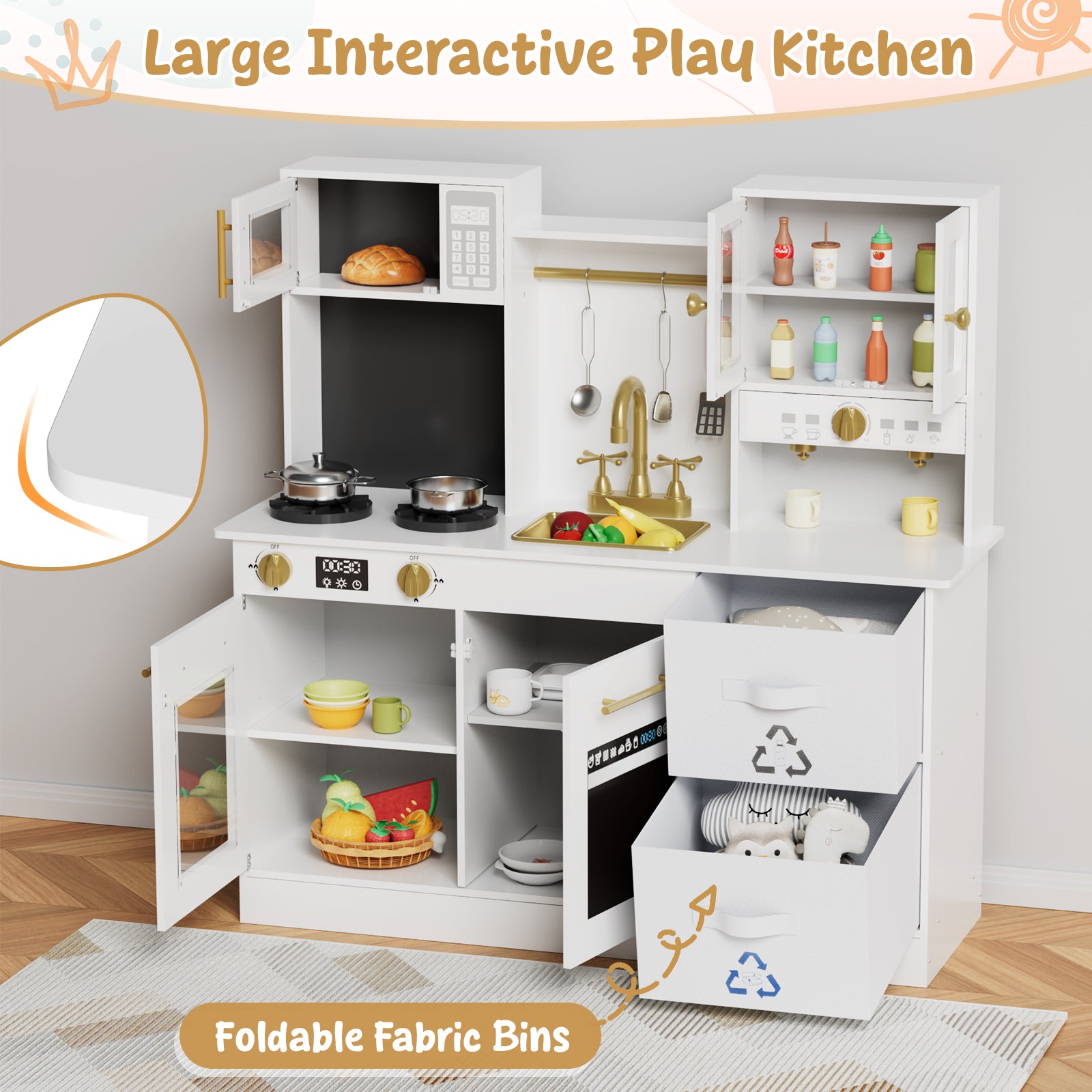TLSUNNY Kids Play Kitchen, Wooden Pretend Cooking Play Toy Set with Cookware Accessories, Sink, Microwave and Realistic Light & Sounds, Gifts for Age 3+