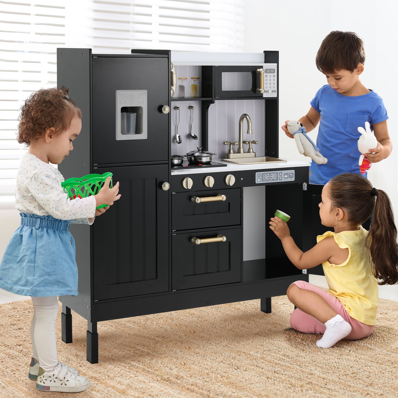 TLSUNNY Kids Play Kitchen, Wooden Kitchen Playset w/ Realistic Light & Sound and Cooking Accessories