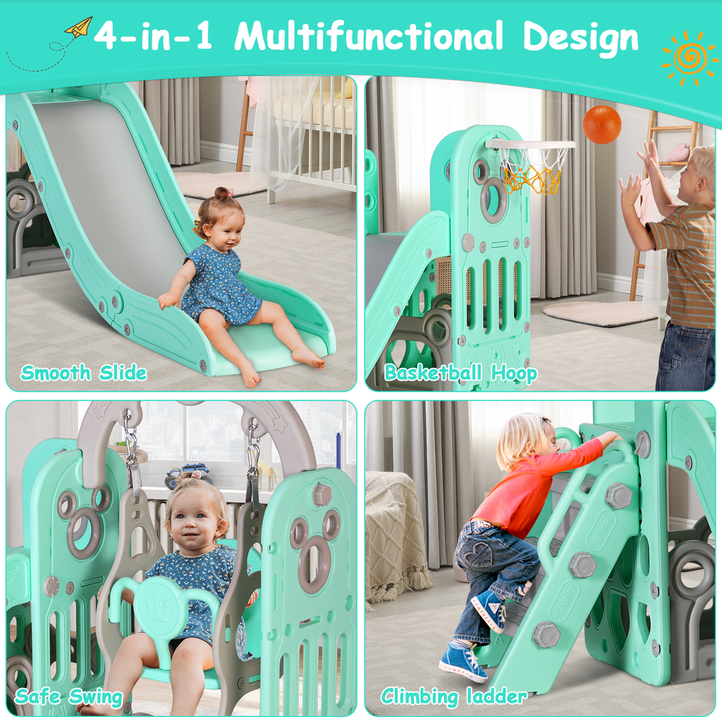TLSUNNY 5-in-1 Kids Slide and Swing Set, Toddlers Slide & Climber with Basketball Hoop and Storage, for Indoor, Outdoor, Playground,Backyard