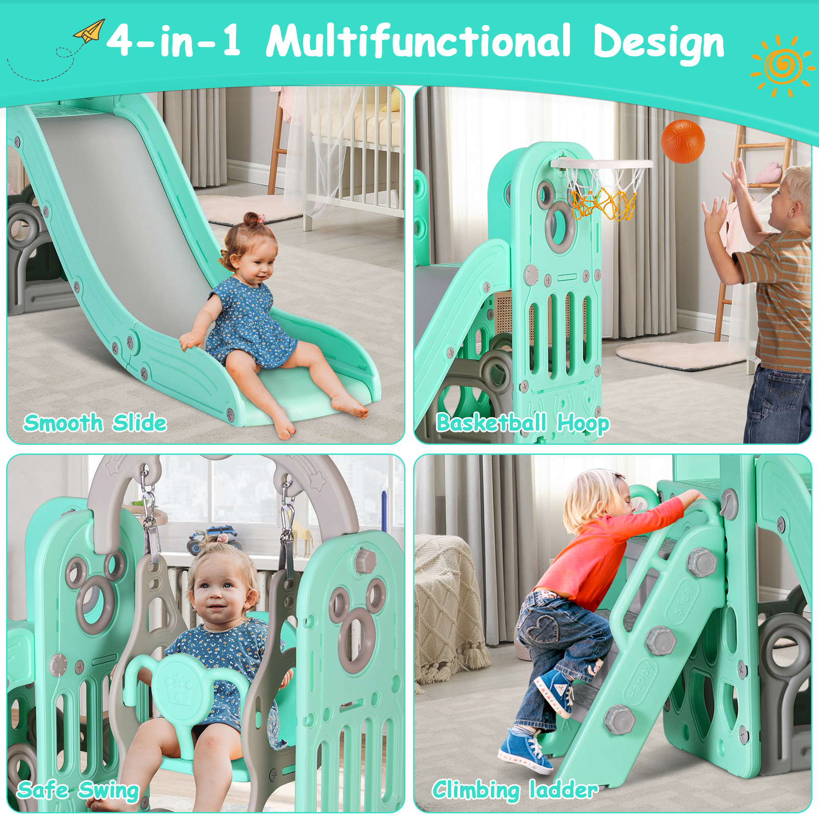 TLSUNNY 5-in-1 Kids Slide and Swing Set, Toddlers Slide & Climber with Basketball Hoop and Storage, for Indoor, Outdoor, Playground,Backyard