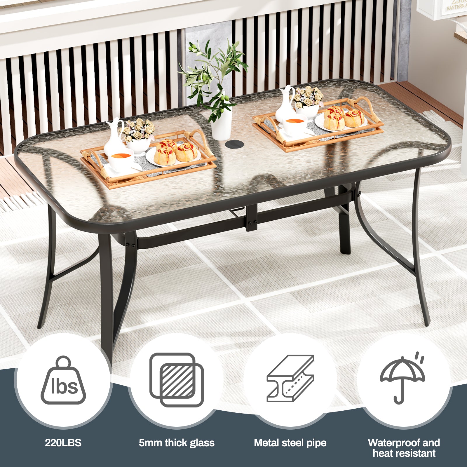 TLSUNNY Patio Table and 6 Chairs Set, Outdoor Furniture Set of 7, Widened Table w/ Umbrella Hole, Stackable Textilene Chairs, for Backyard, Porch, Garden