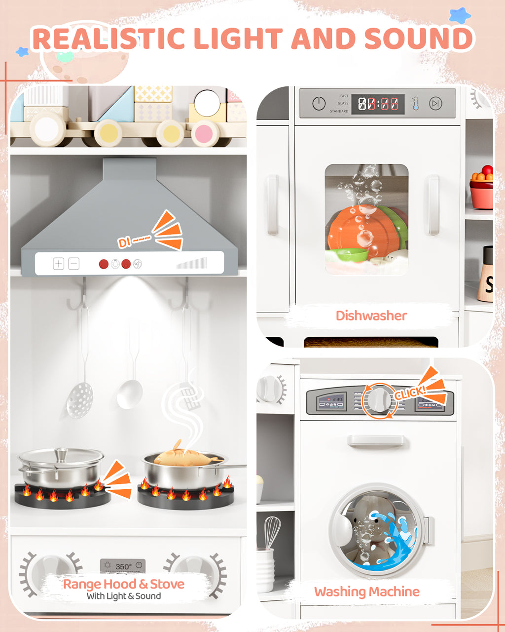 TLSUNNY Toddler Wooden Play Kitchen, with Chalk Board, Washer Dryer, Stove Sound & Range Hood, Cookware for Kids Ages 3+
