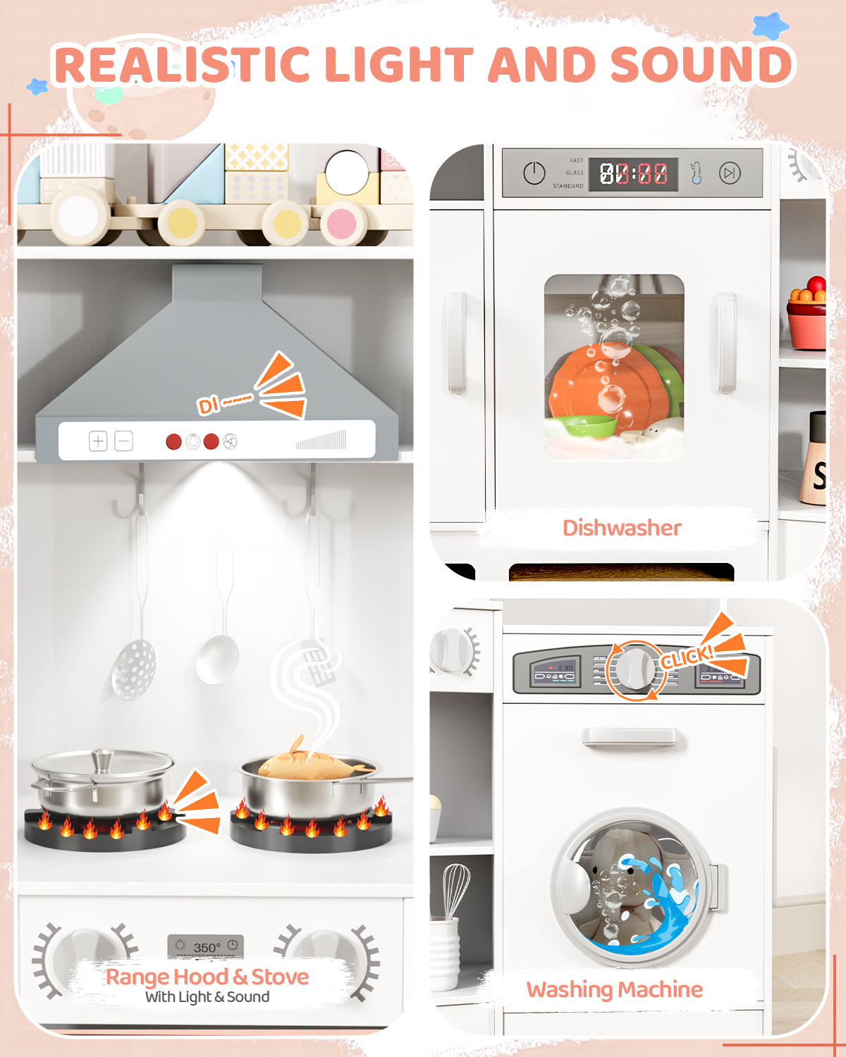 TLSUNNY Toddler Wooden Play Kitchen, with Chalk Board, Washer Dryer, Stove Sound & Range Hood, Cookware for Kids Ages 3+