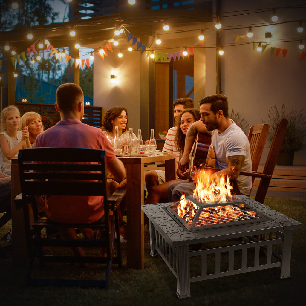 TLSUNNY 32'' Metal Fire Pits for Outside, Square Wood Burning Firepit Table, for Outdoor Patio Backyard Bonfire Party