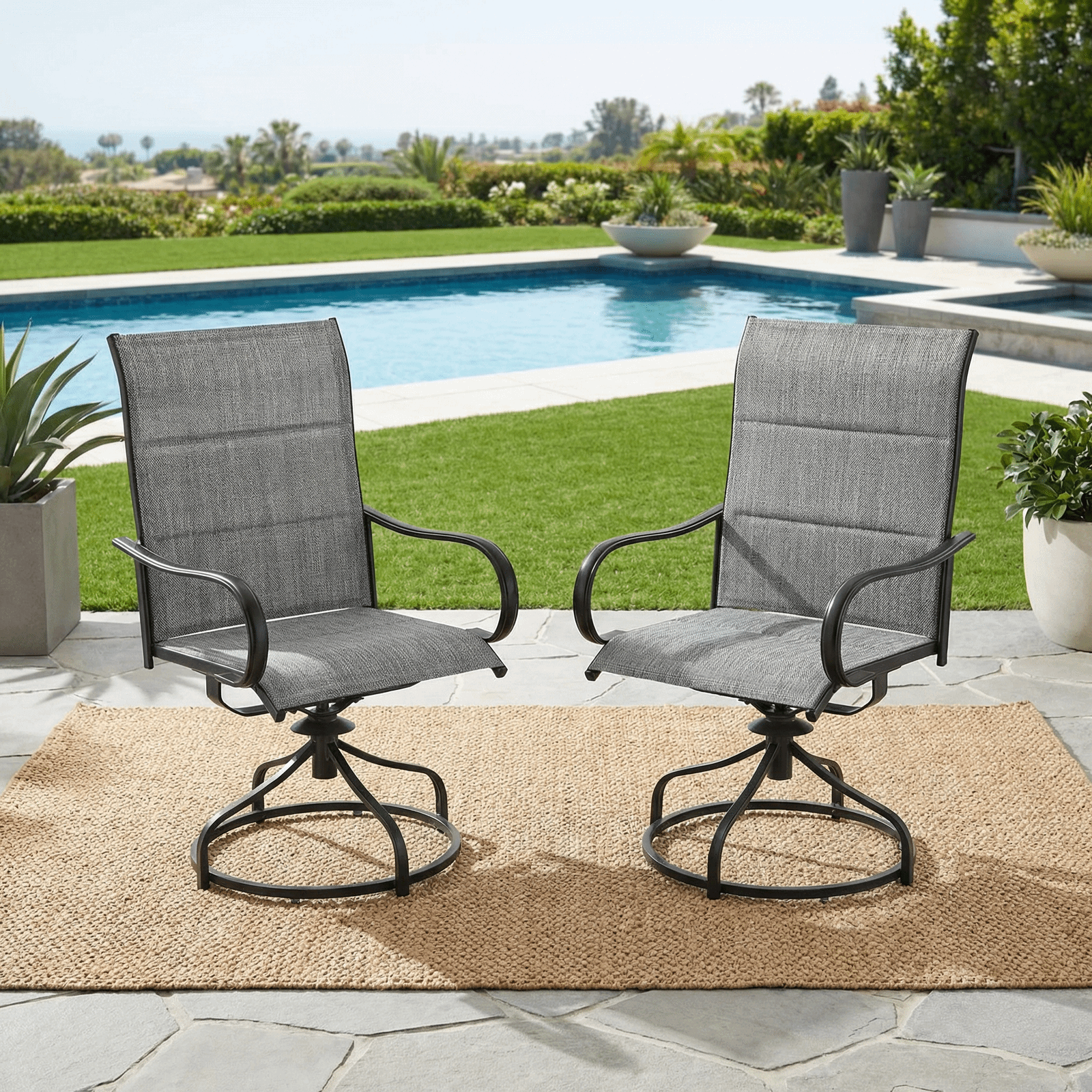 TLSUNNY Patio Swivel Padded Chairs Set of 2, Outdoor Dining Chairs High Back with All Weather Breathable Textilene, Metal Rocking Frame for Backyard Lawn Garden